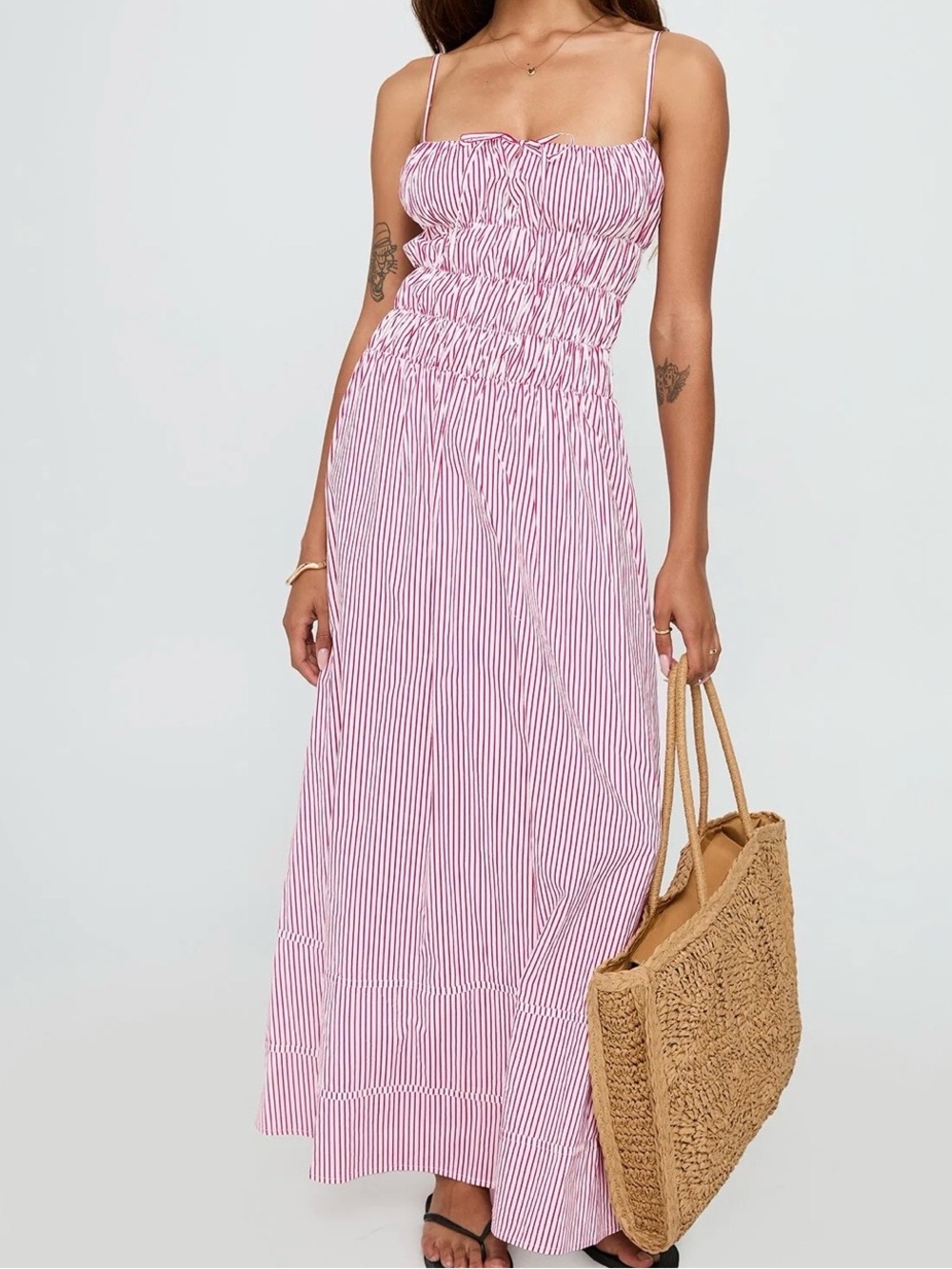 NWT Princess Polly Loralei Shirred Maxi Dress Red Stripe